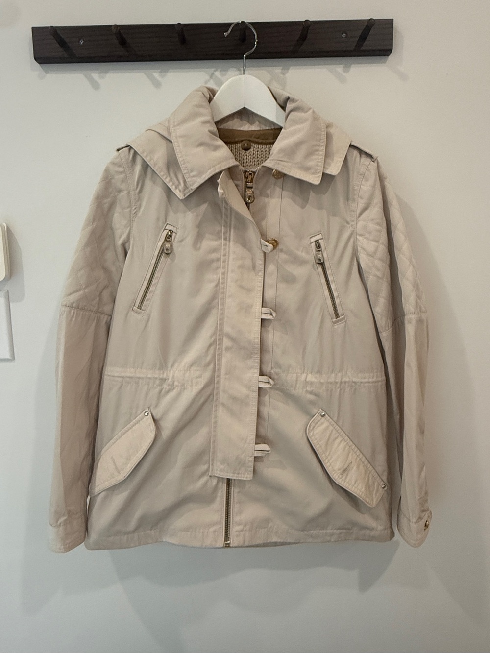 Massimo Dutti 2-in-1 Hooded Parka Sz S Cream Removable Knit Vest Water Resistant